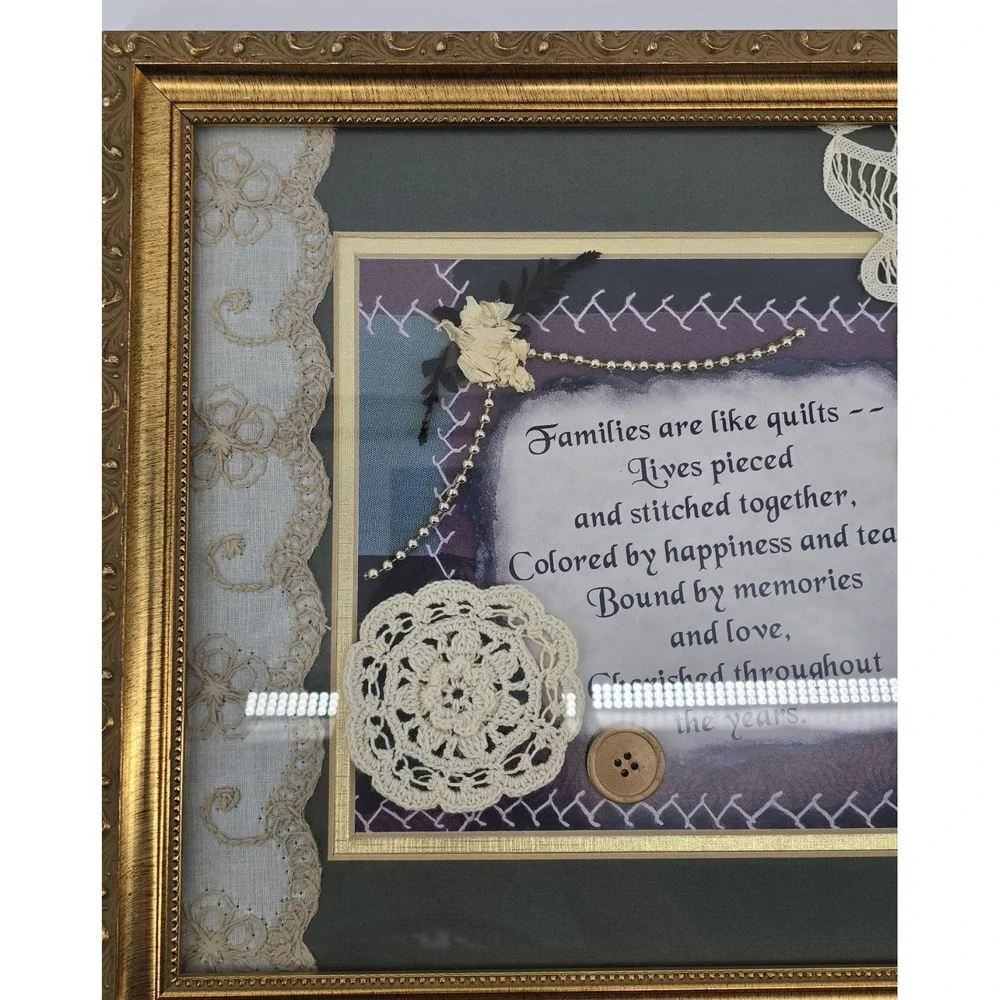 Vtg Handmade Framed Collage 'Families are Like Quilts' Poem Lace Button Crochet